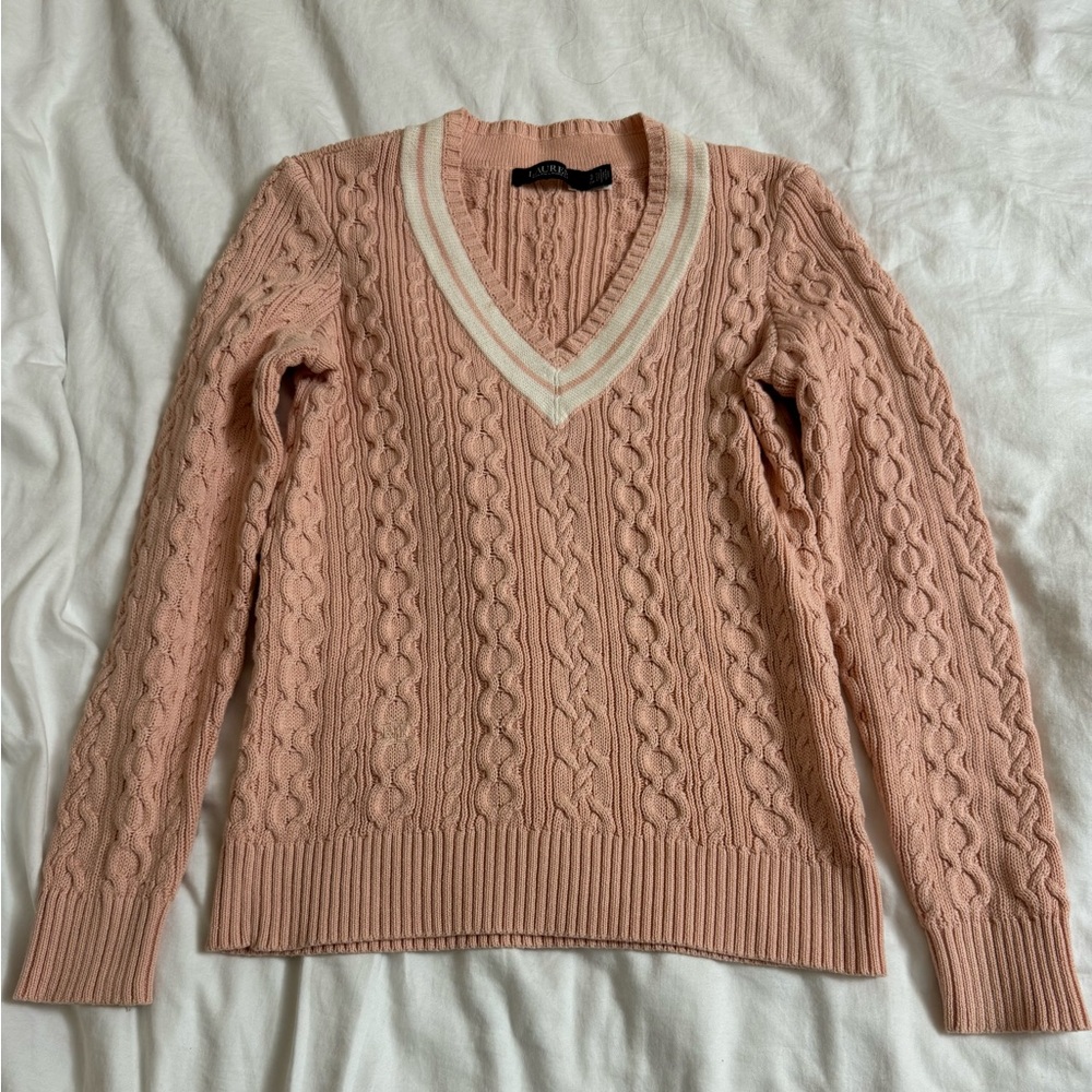 Ralph Lauren Pink V Neck Cable Knit Sweater